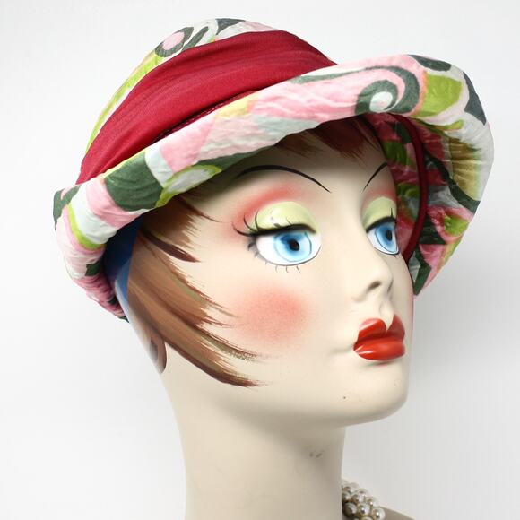 Vintage 60s Bucket Hat Pink Green Mod Go-Go Style Fabric w Curved Brim – Hey Viv - Picture 8 of 9